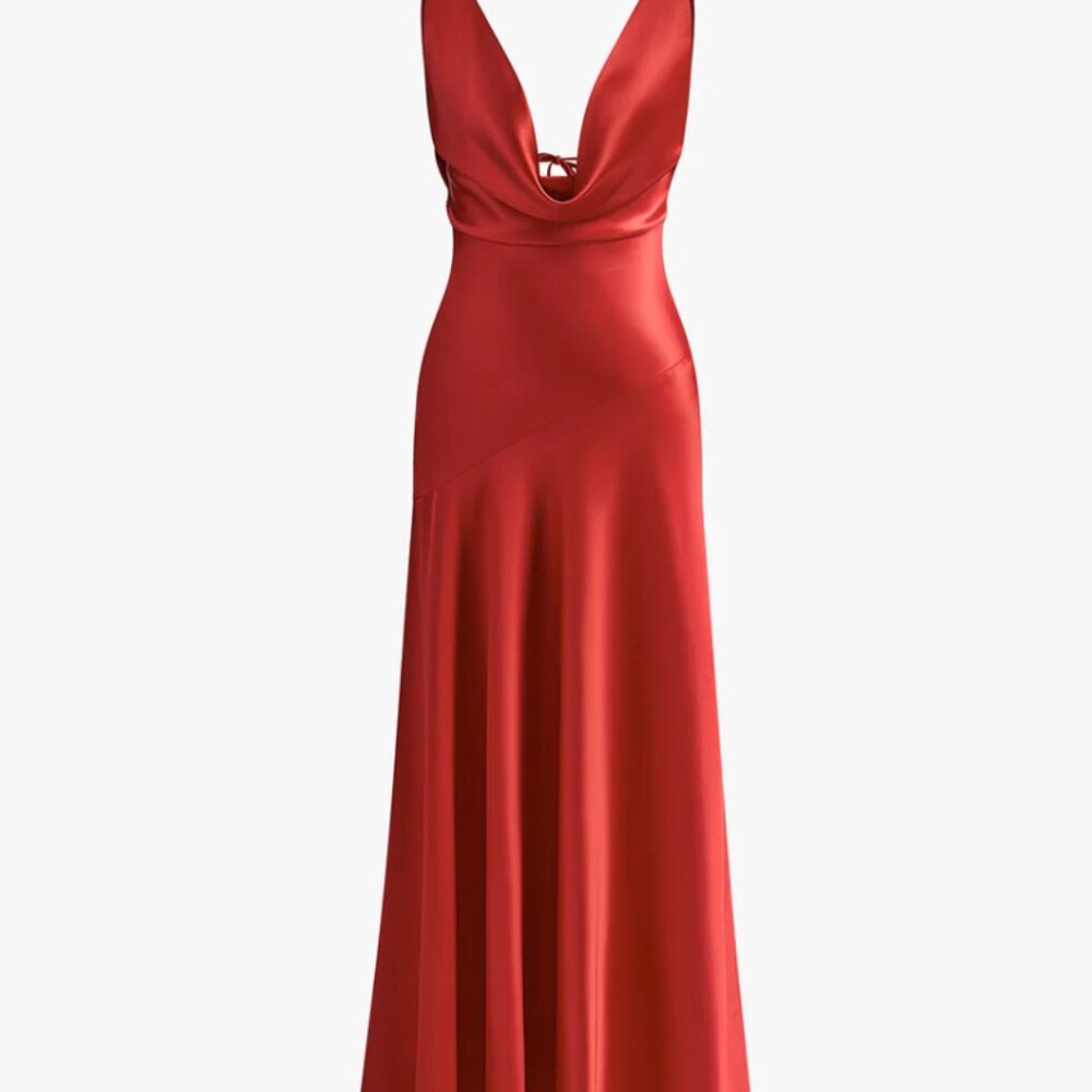 Commense Backless Satin Cowl Neck Red Maxi Dress - Snag at Hem - Picture 2 of 8
